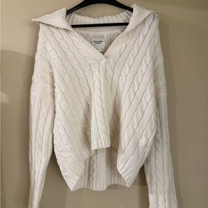 Abercrombie & Fitch Cream Cable-Knit V-Neck Hooded Sweater